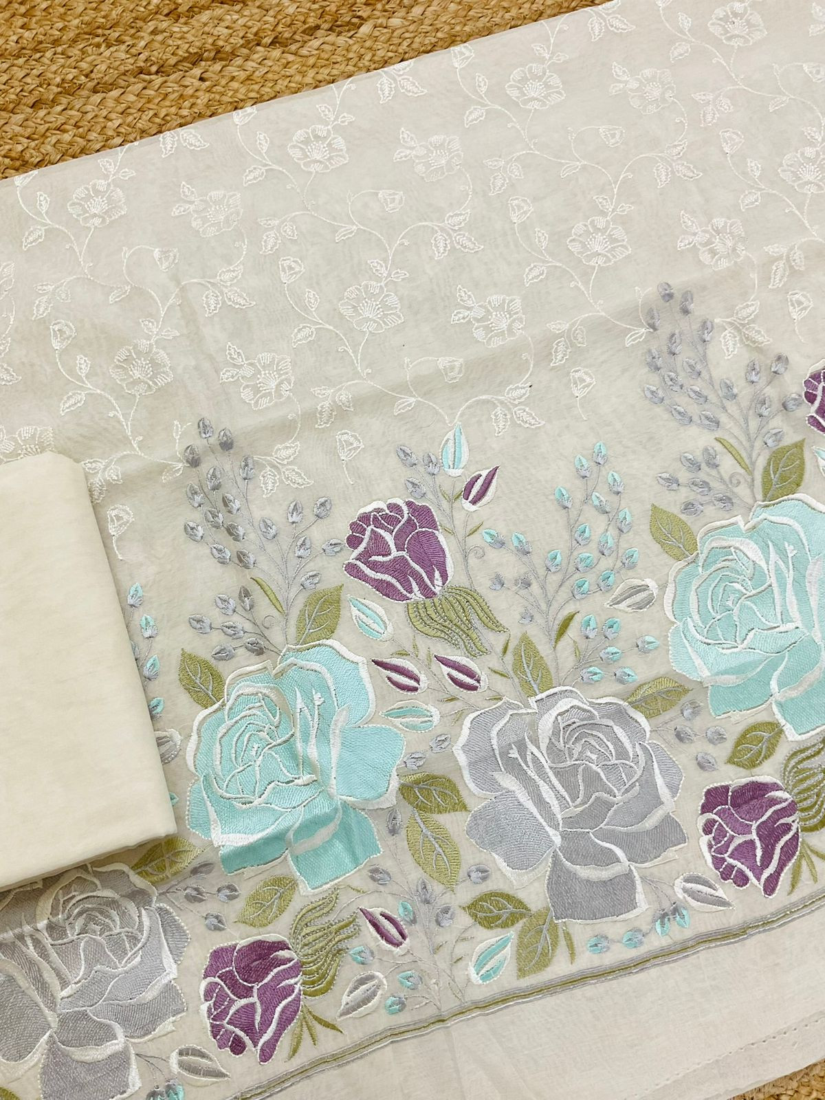 Soft Chanderi Embroidered Suit - Cream