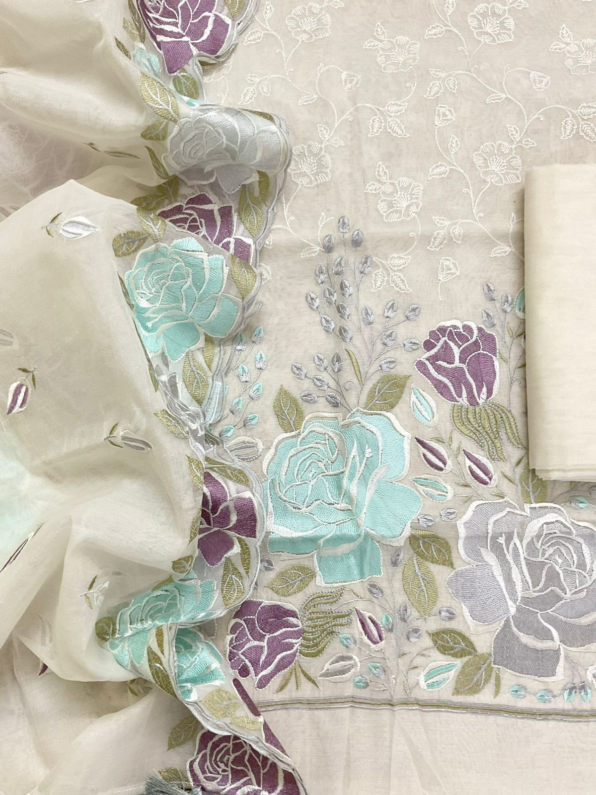 Soft Chanderi Embroidered Suit - Cream