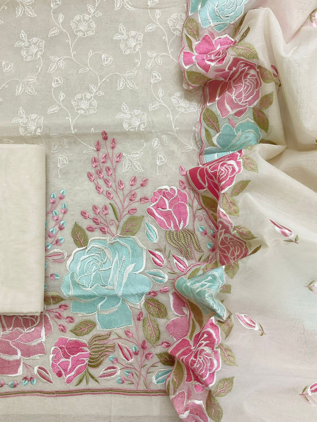 Soft Chanderi Embroidered Suit - Cream