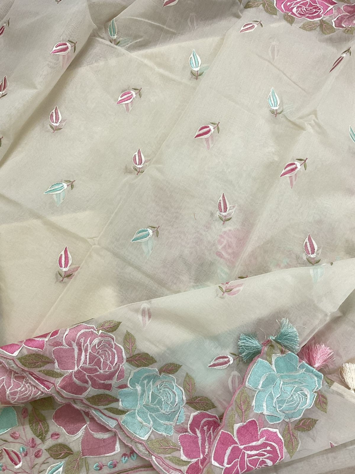 Soft Chanderi Embroidered Suit - Cream