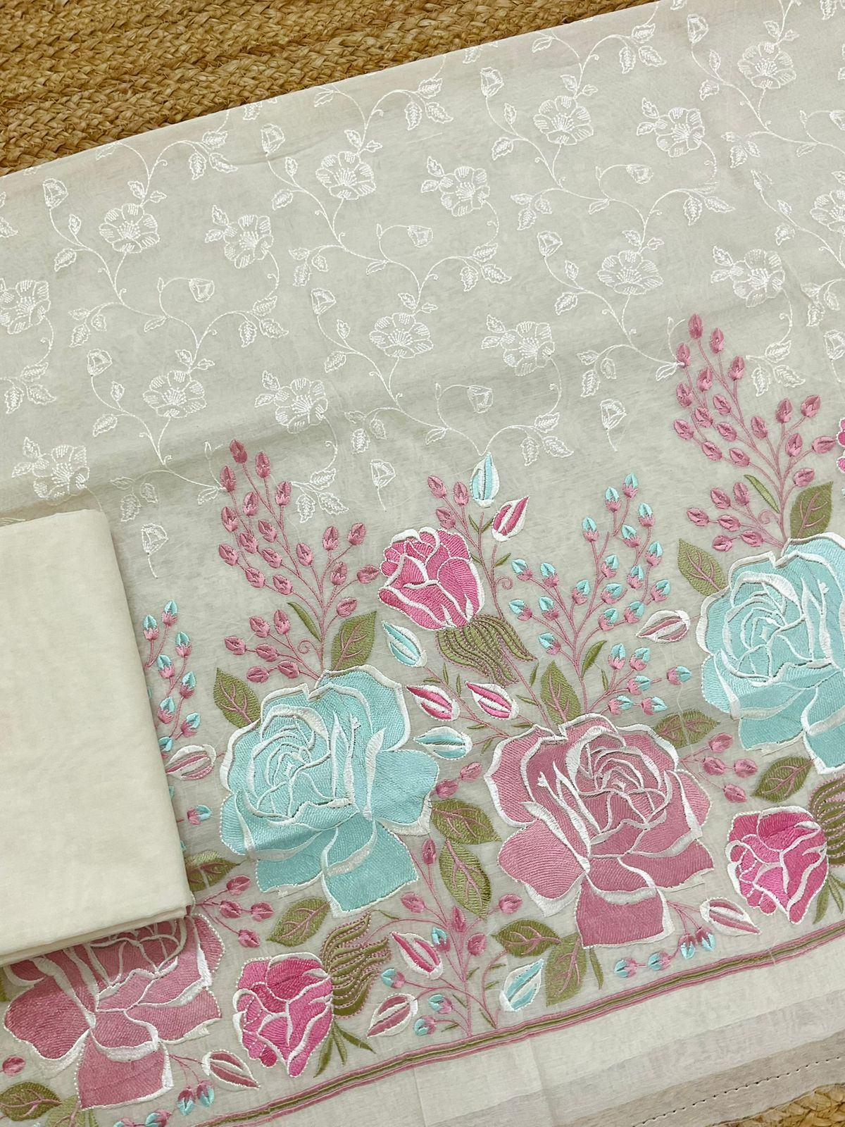 Soft Chanderi Embroidered Suit - Cream