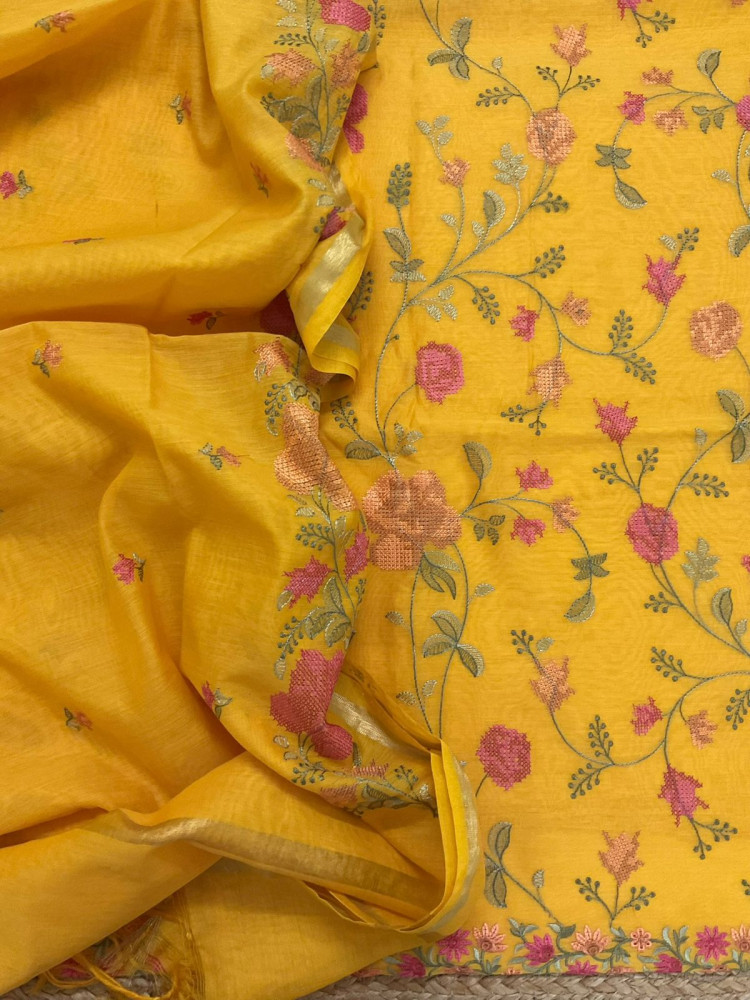 Image of Soft Chanderi Embroidered Suit - Yellow