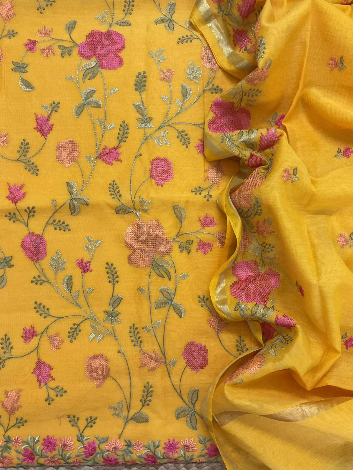 Soft Chanderi Embroidered Suit - Yellow