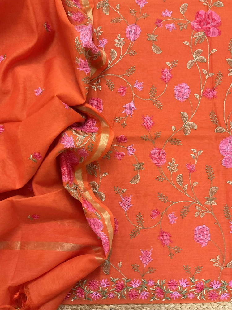 Image of Soft Chanderi Embroidered Suit - Orange