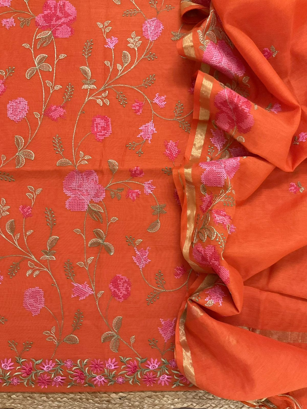 Soft Chanderi Embroidered Suit - Orange