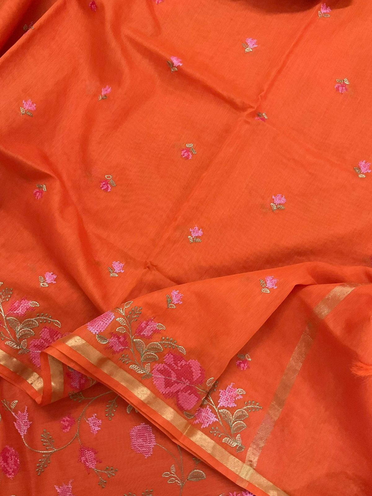 Soft Chanderi Embroidered Suit - Orange