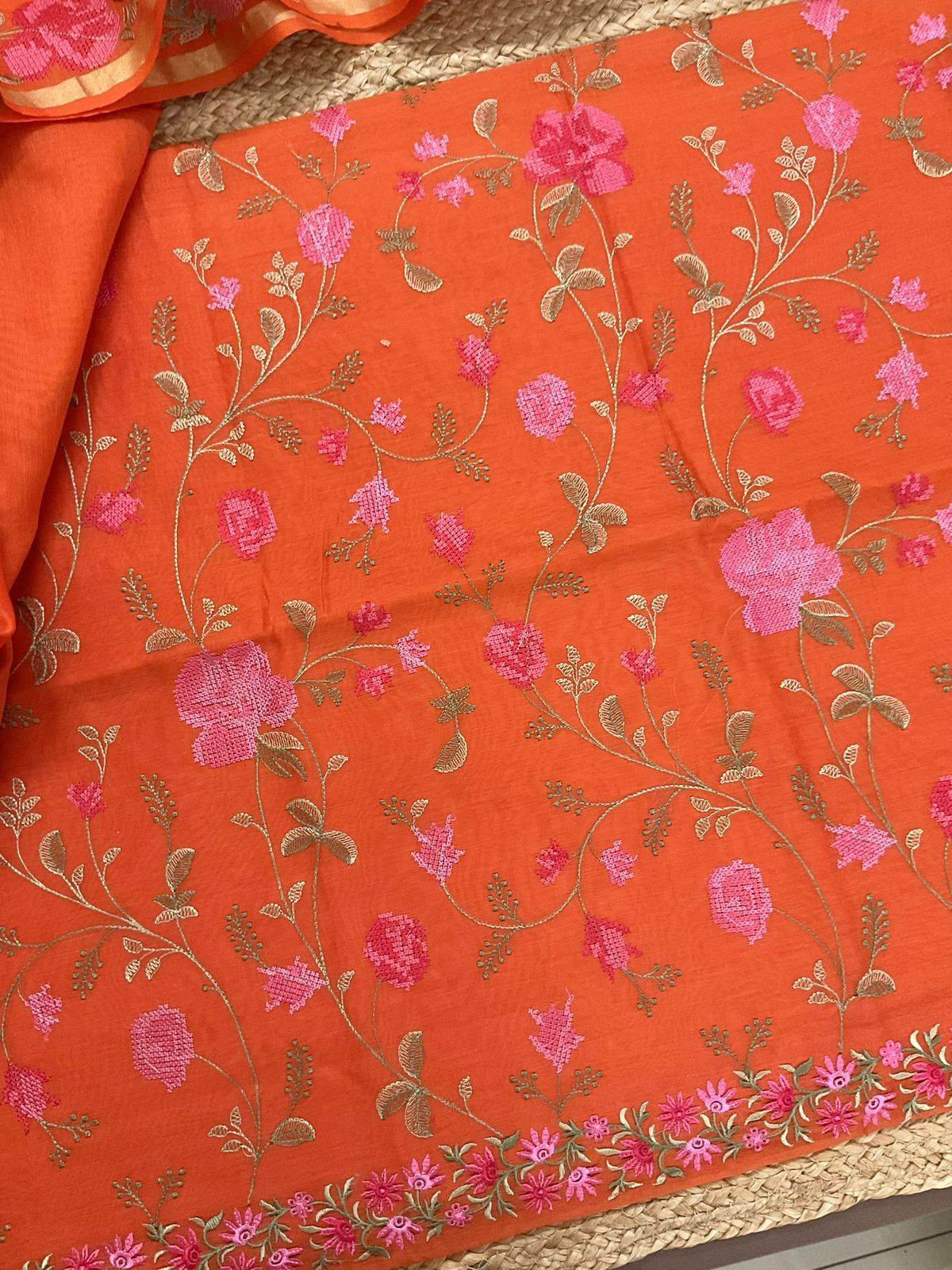 Soft Chanderi Embroidered Suit - Orange