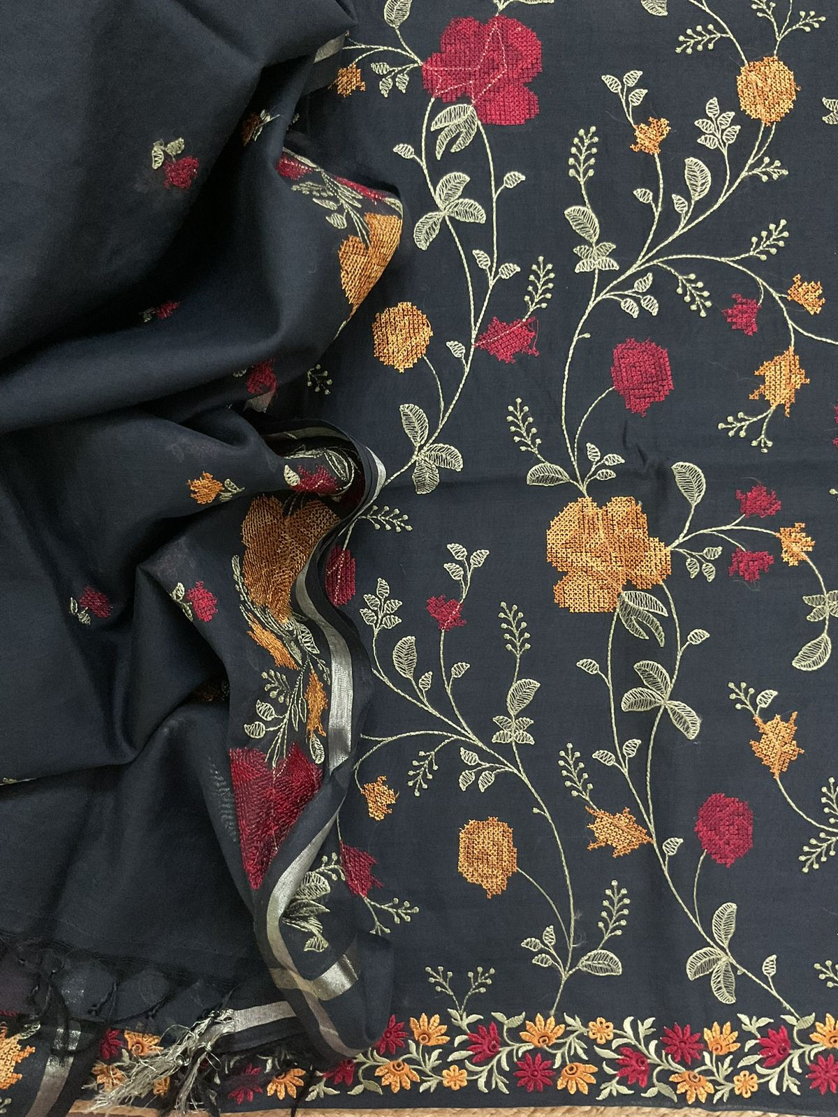 Soft Chanderi Embroidered Suit - Black