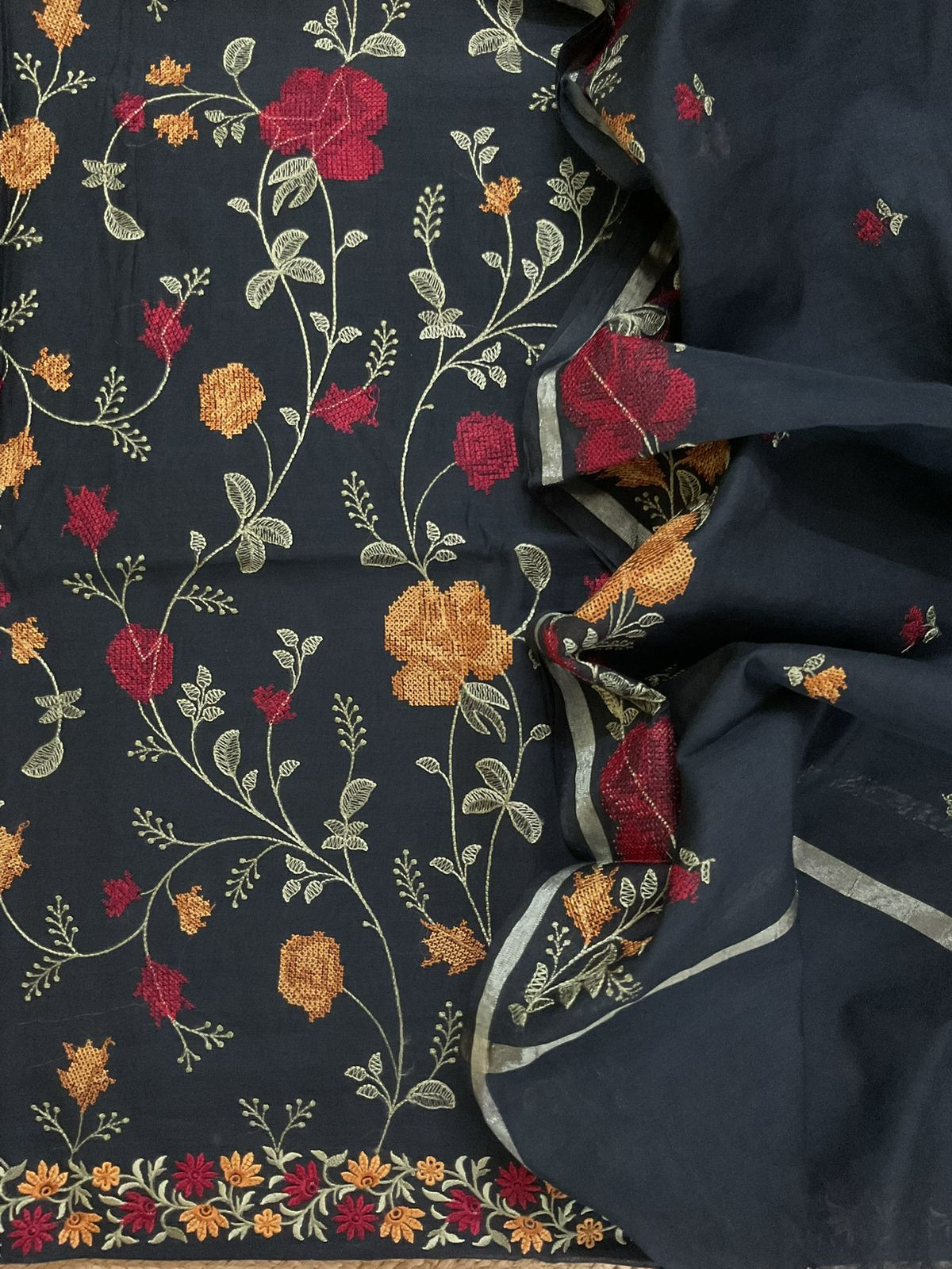 Soft Chanderi Embroidered Suit - Black