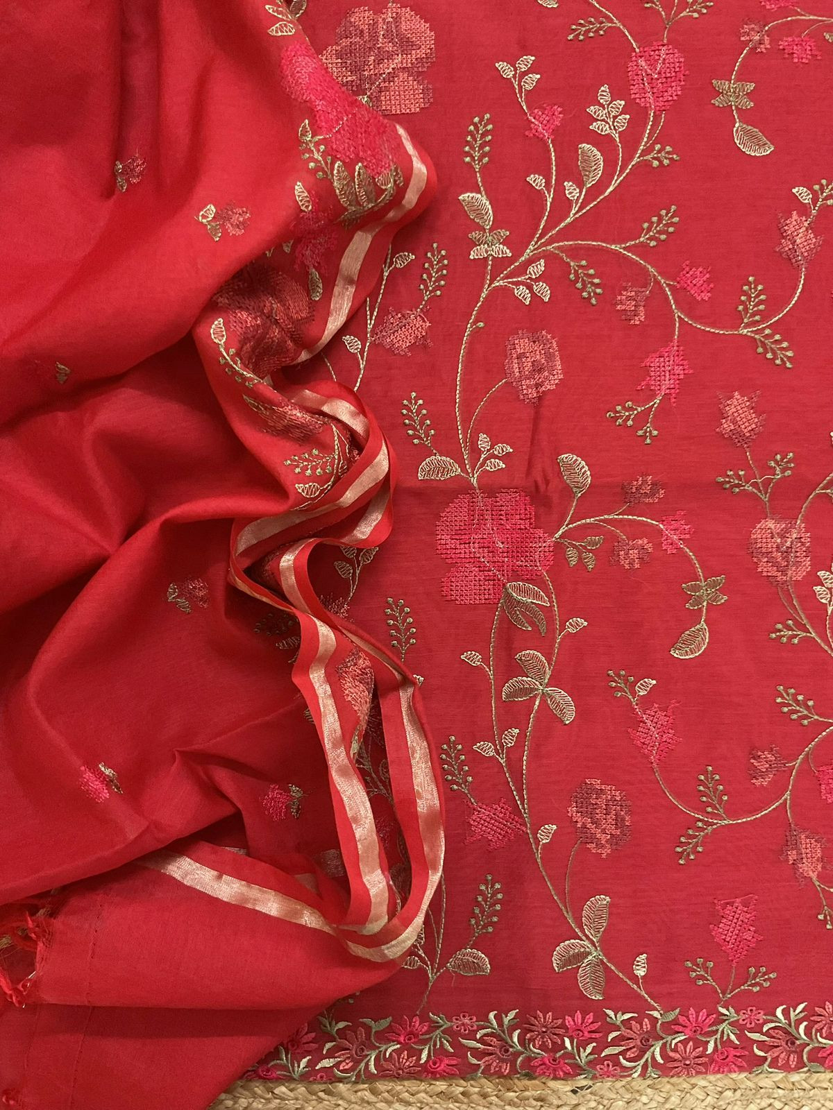 Soft Chanderi Embroidered Suit - Red