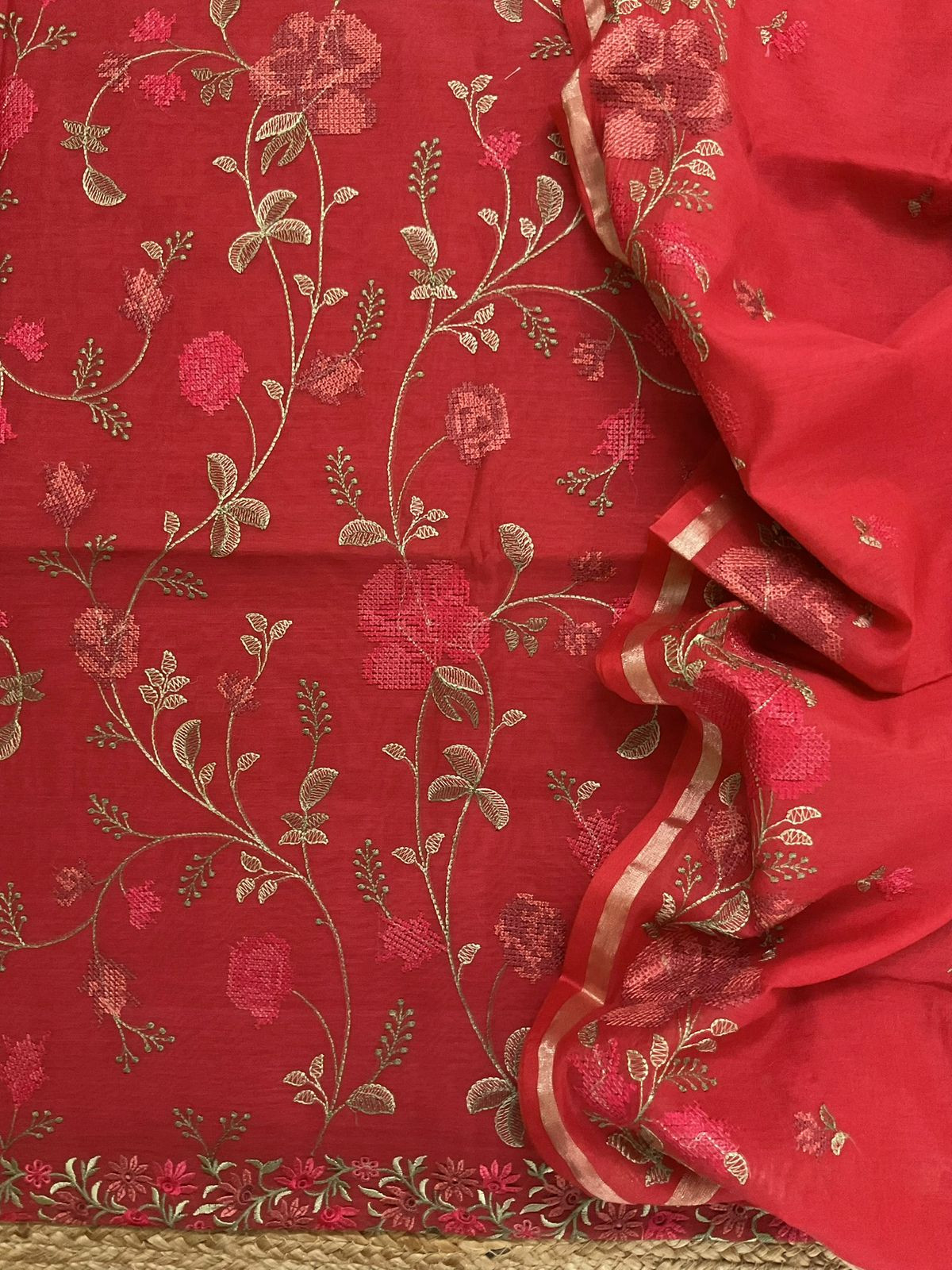 Soft Chanderi Embroidered Suit - Red