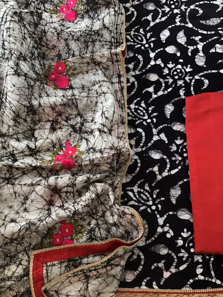 Image of Pure Linen Chanderi Printed Embroidered Suit - Black