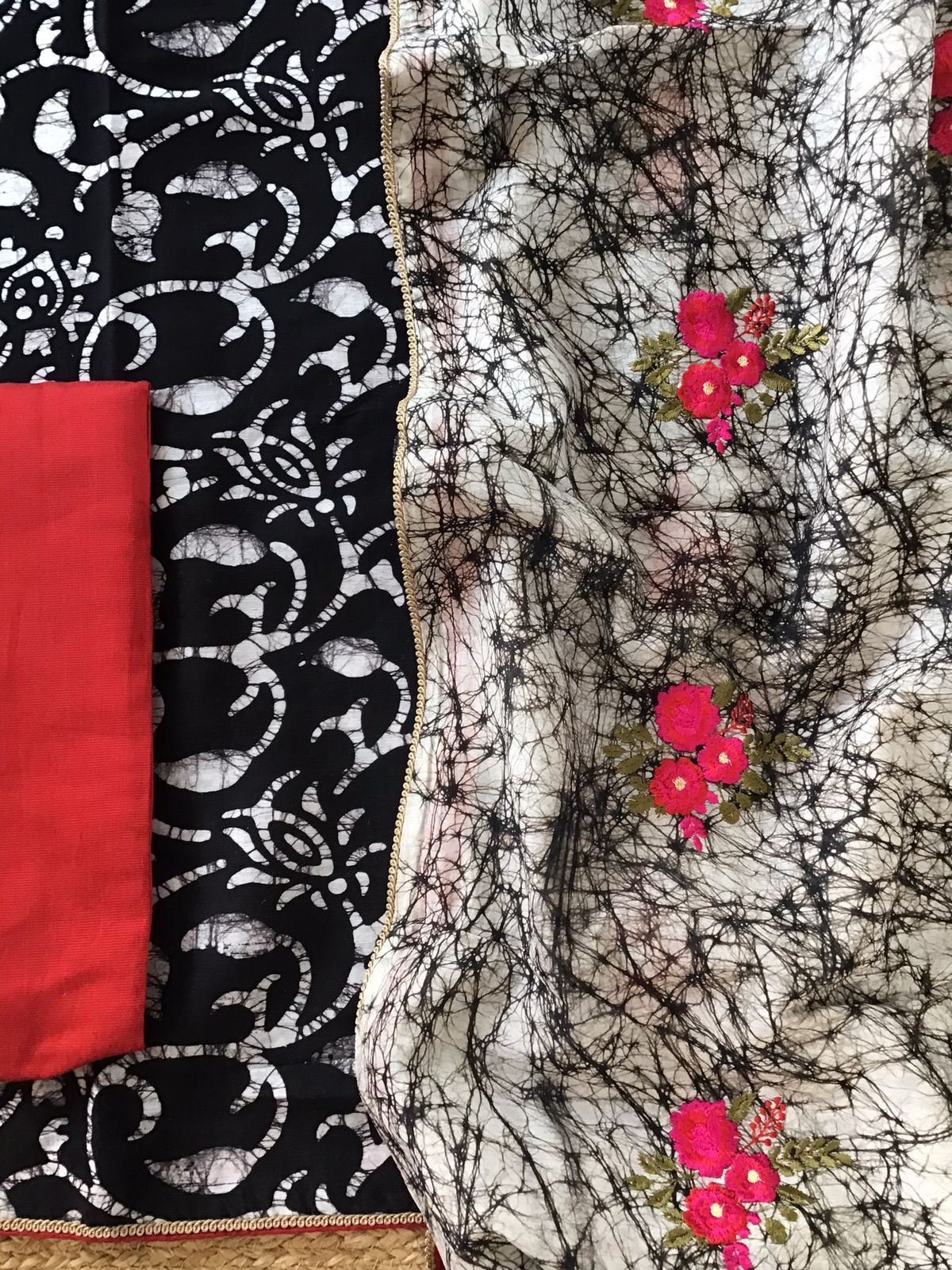 Pure Linen Chanderi Printed Embroidered Suit - Black