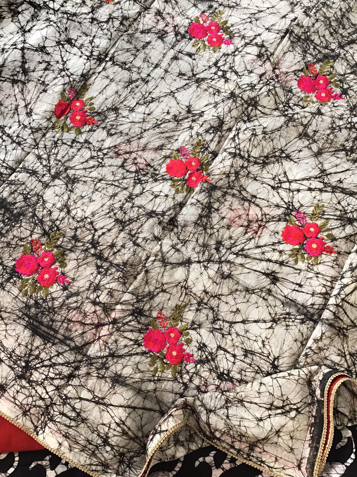 Pure Linen Chanderi Printed Embroidered Suit - Black