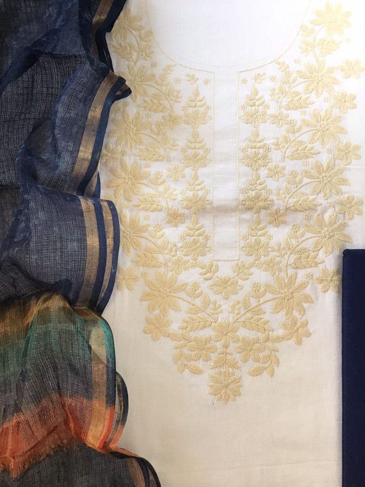 Image of Pure Cotton Printed Embroidered Suit - Off White