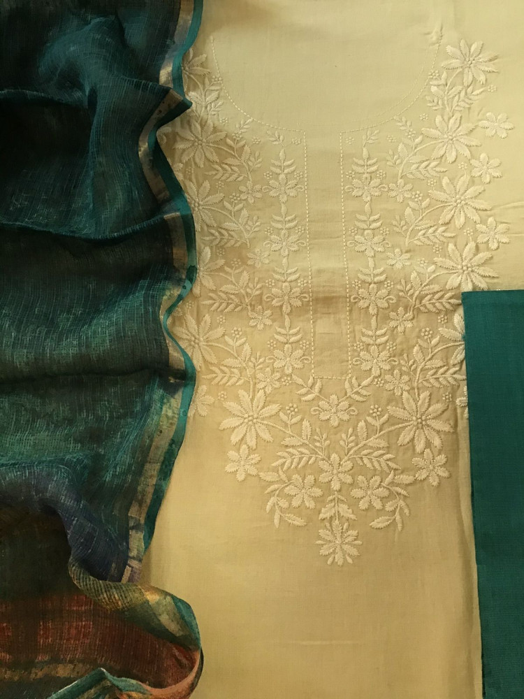 Image of Pure Cotton Printed Embroidered Suit - Beige