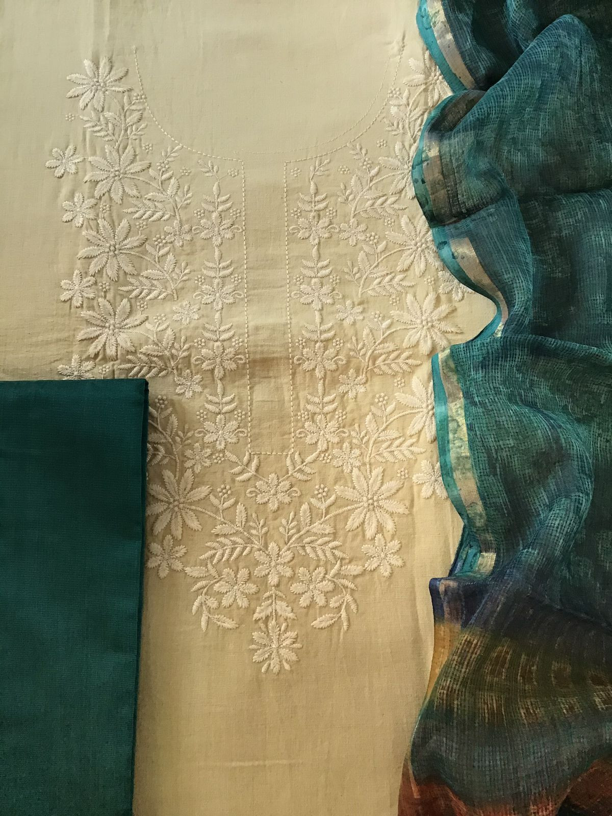 Pure Cotton Printed Embroidered Suit - Beige