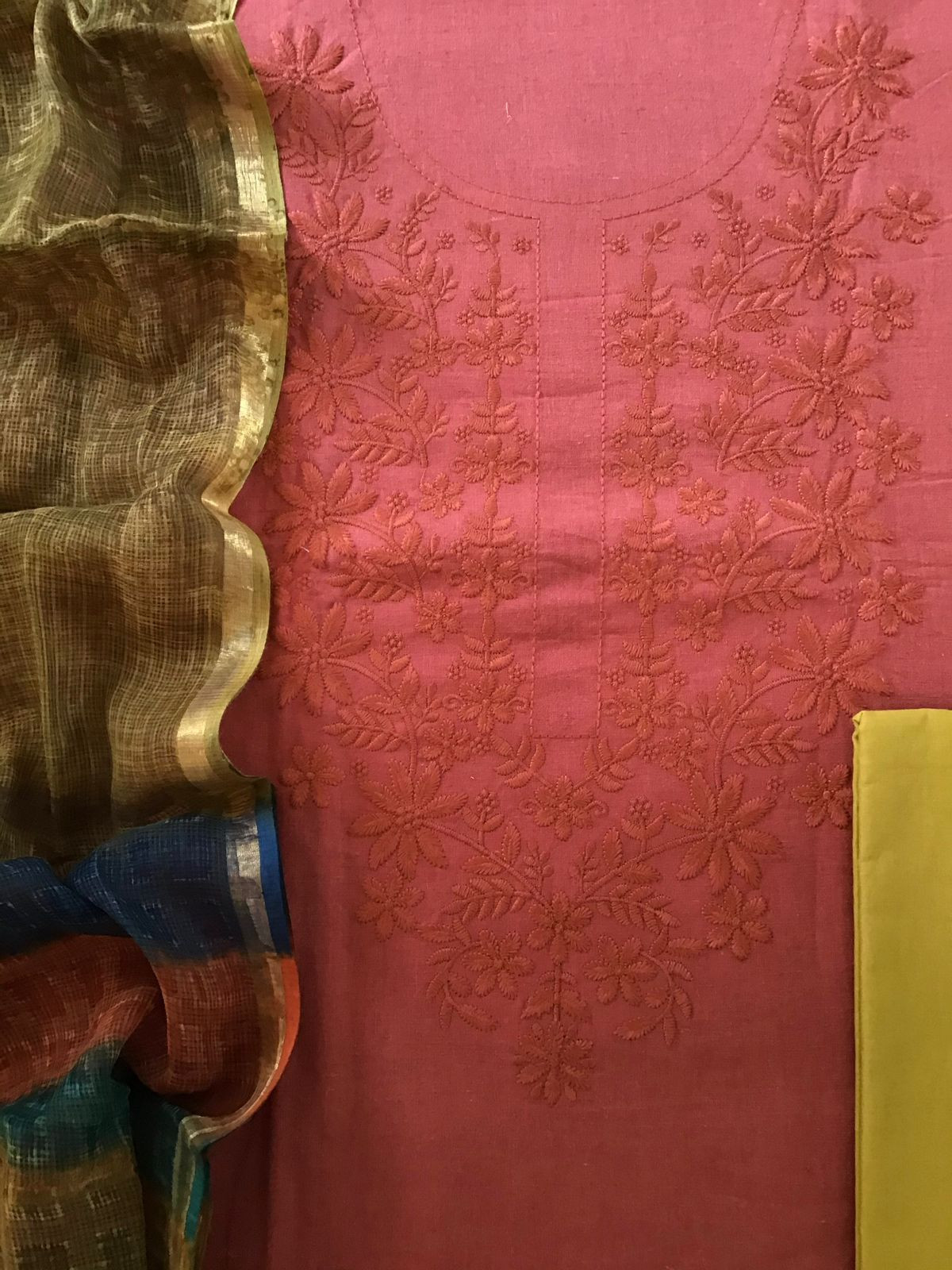 Pure Cotton Printed Embroidered Suit - Brick Red