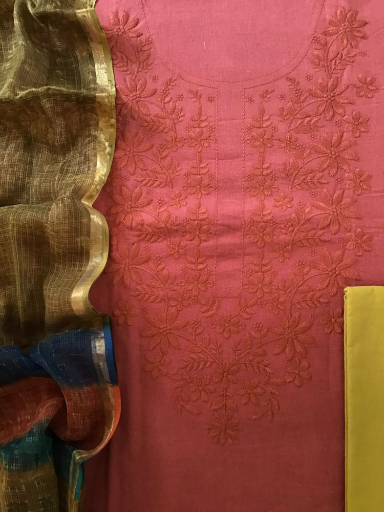 Image of Pure Cotton Printed Embroidered Suit - Brick Red