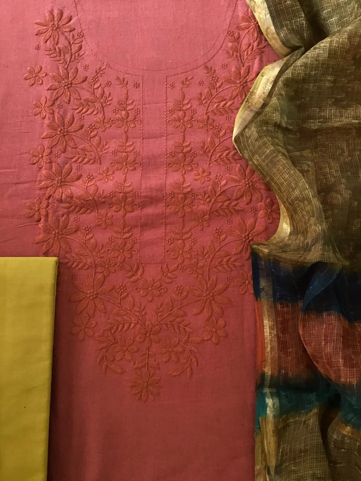 Pure Cotton Printed Embroidered Suit - Brick Red