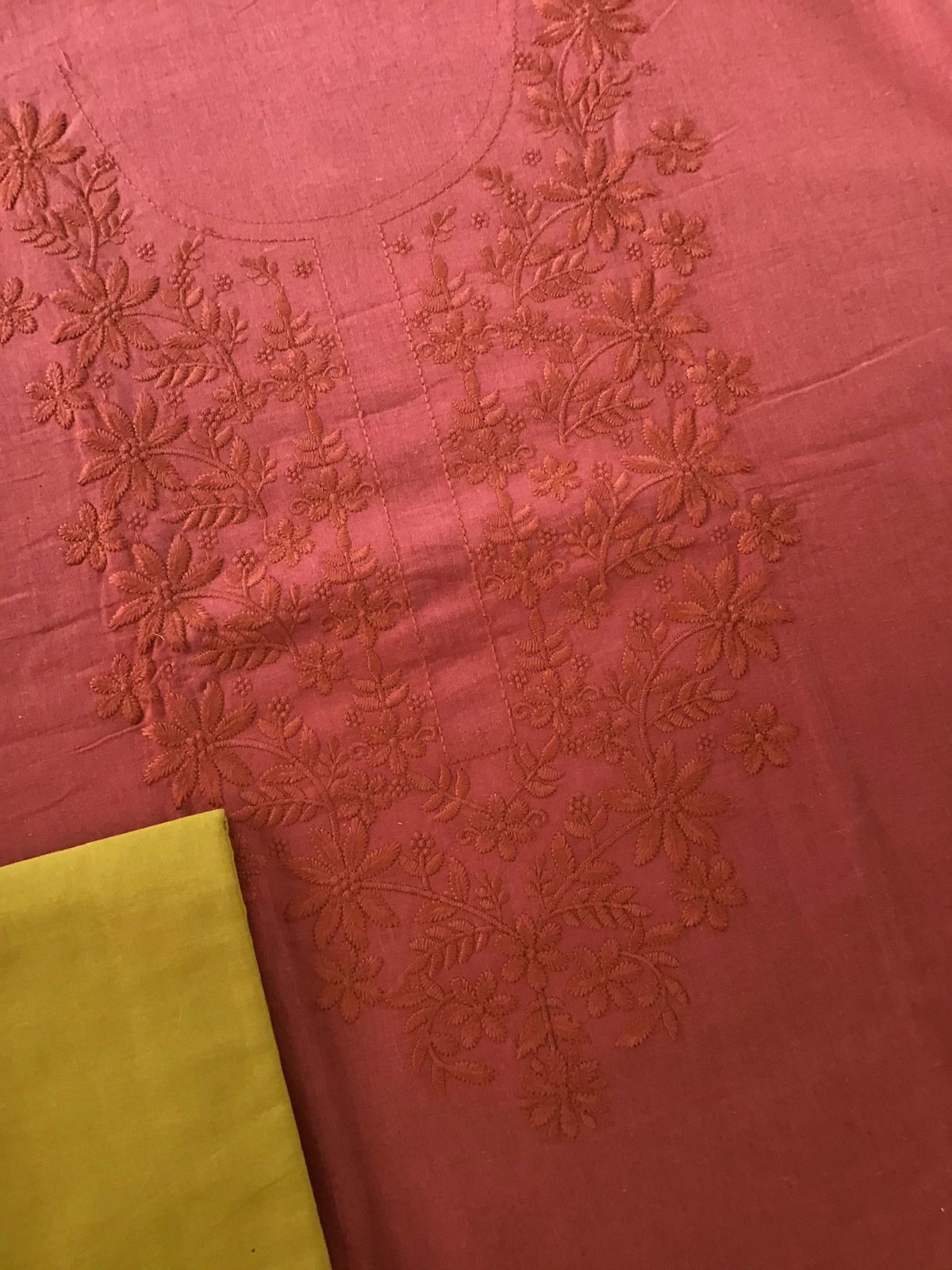 Pure Cotton Printed Embroidered Suit - Brick Red