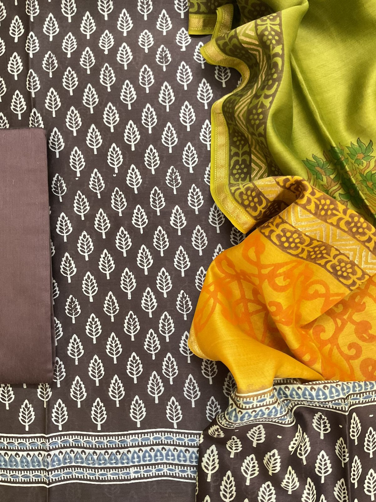 Pure Maheshwari Silk Printed Suit - Brown