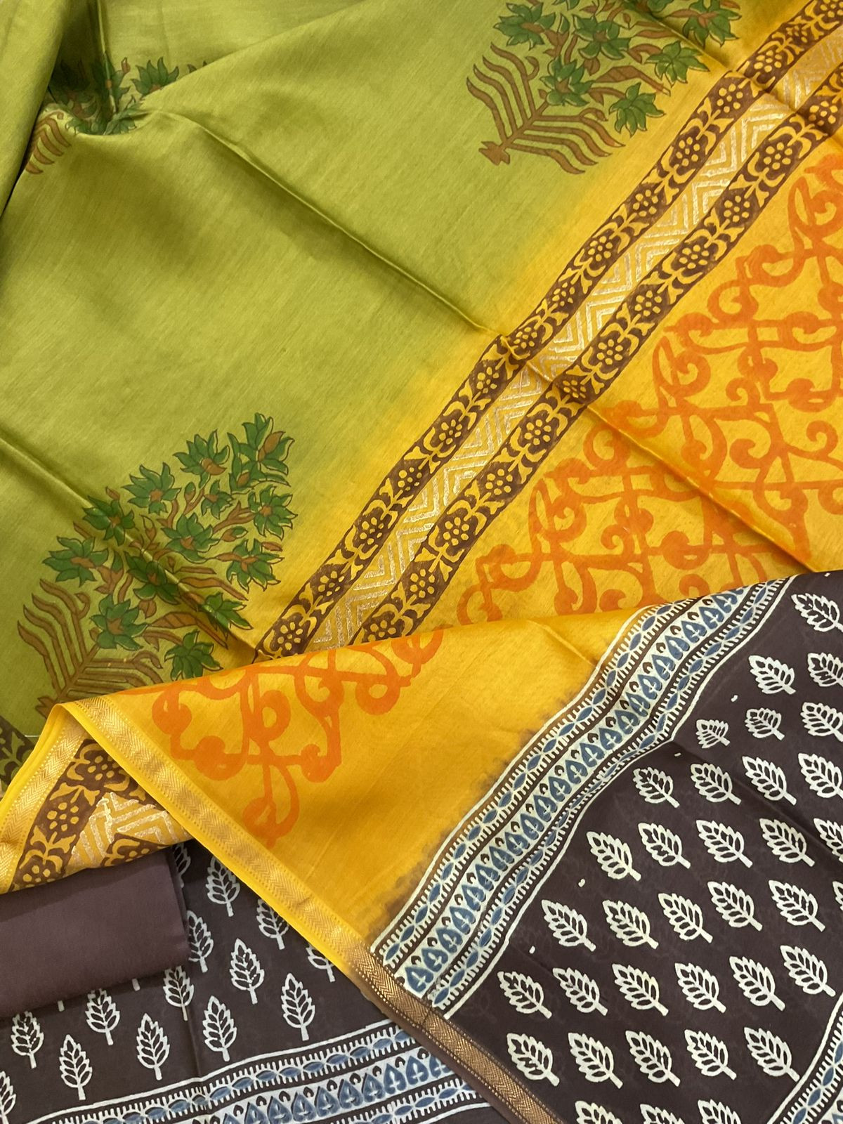 Pure Maheshwari Silk Printed Suit - Brown