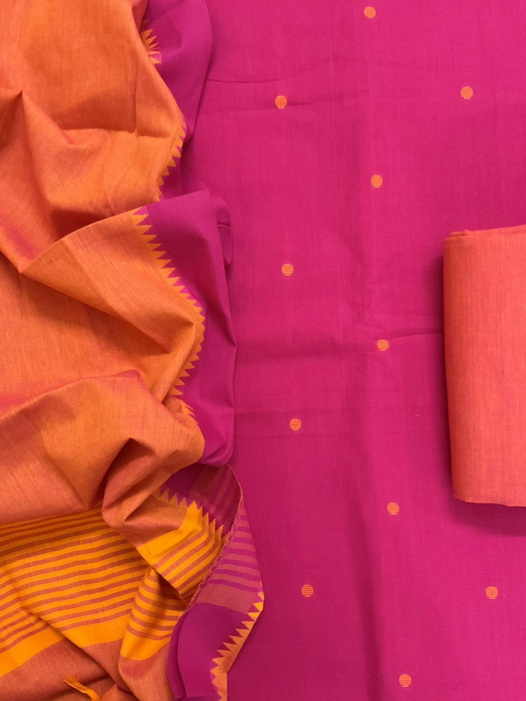 Image of Pure Handloom Cotton Self Weaved Suit - Pink
