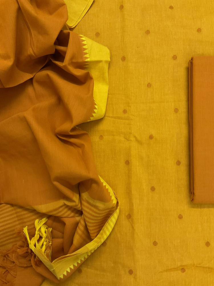 Image of Pure Handloom Cotton Self Weaved Suit - Yellow