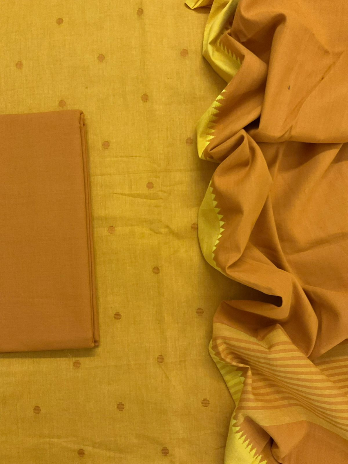 Pure Handloom Cotton Self Weaved Suit - Yellow