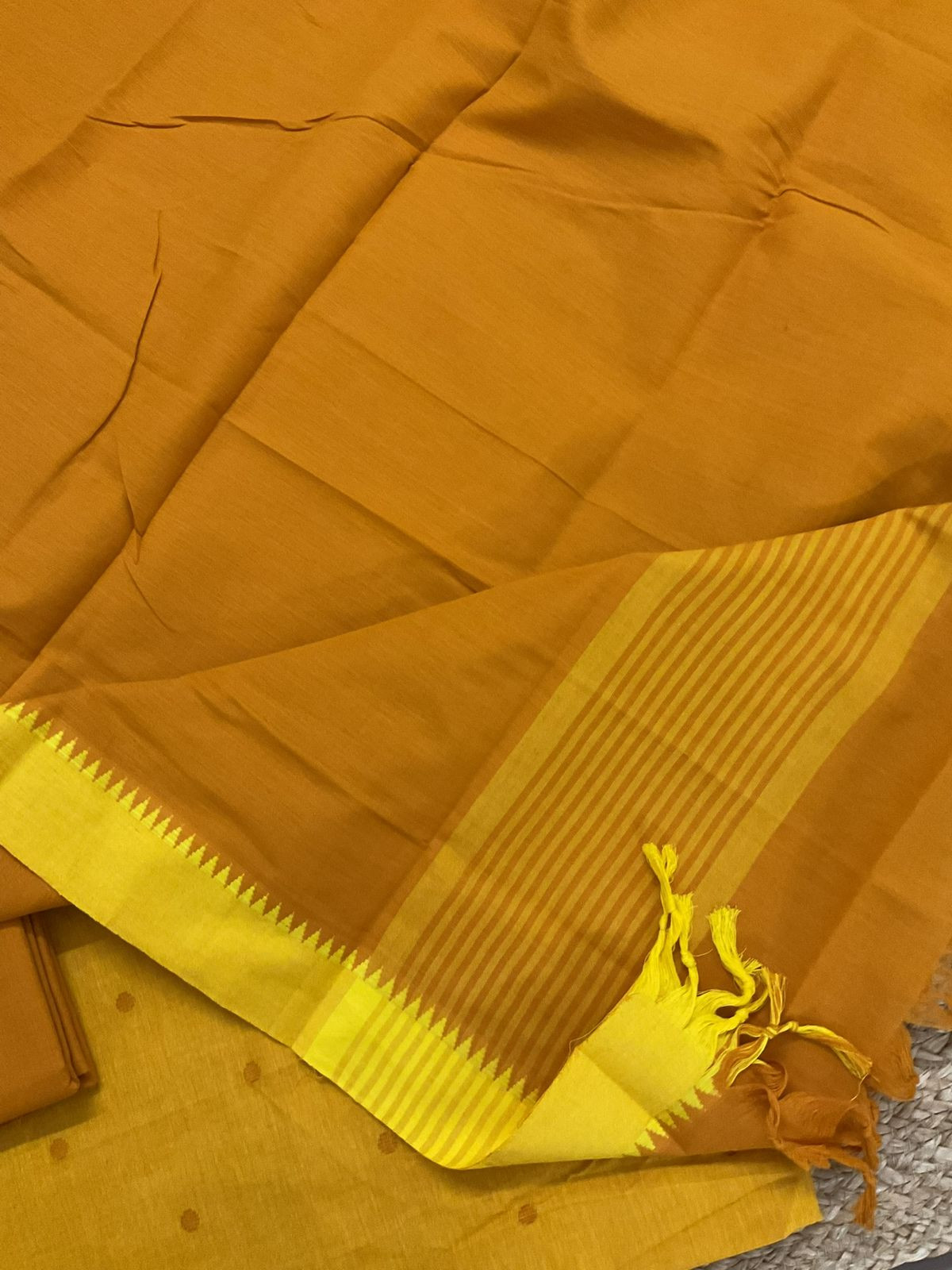 Pure Handloom Cotton Self Weaved Suit - Yellow