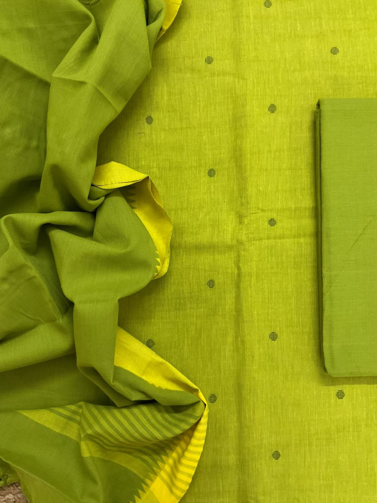 Image of Pure Handloom Cotton Self Weaved Suit - Green