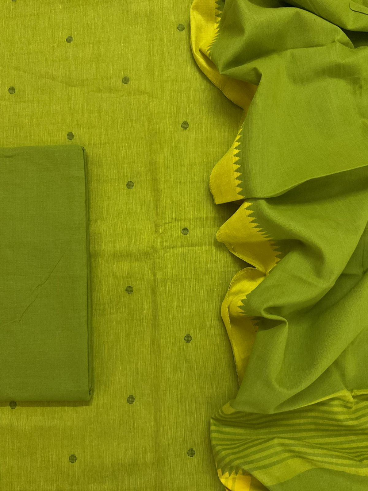 Pure Handloom Cotton Self Weaved Suit - Green