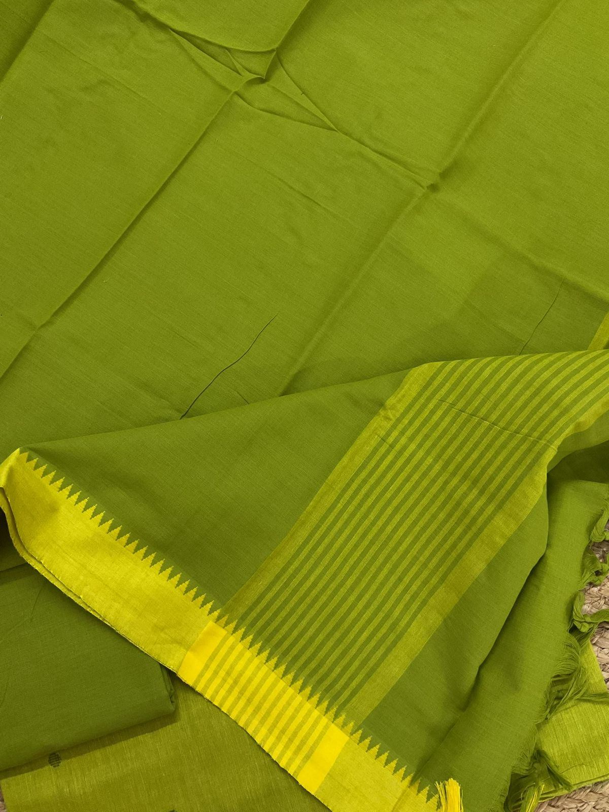 Pure Handloom Cotton Self Weaved Suit - Green