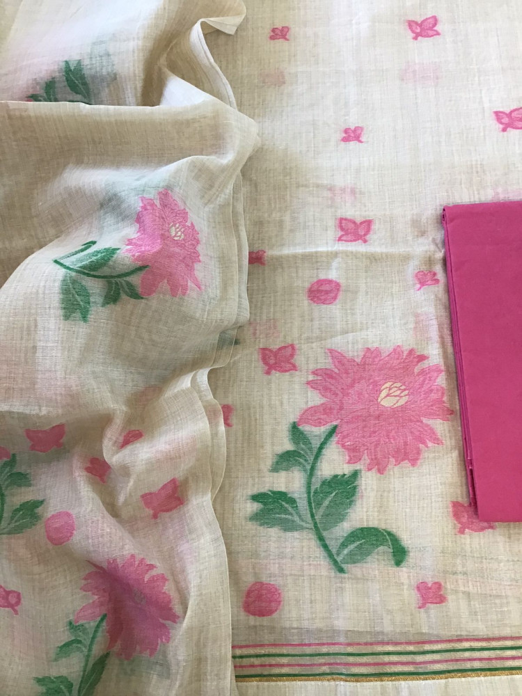 Image of Soft Slub Chanderi Jamdani Weaved Suit - Beige