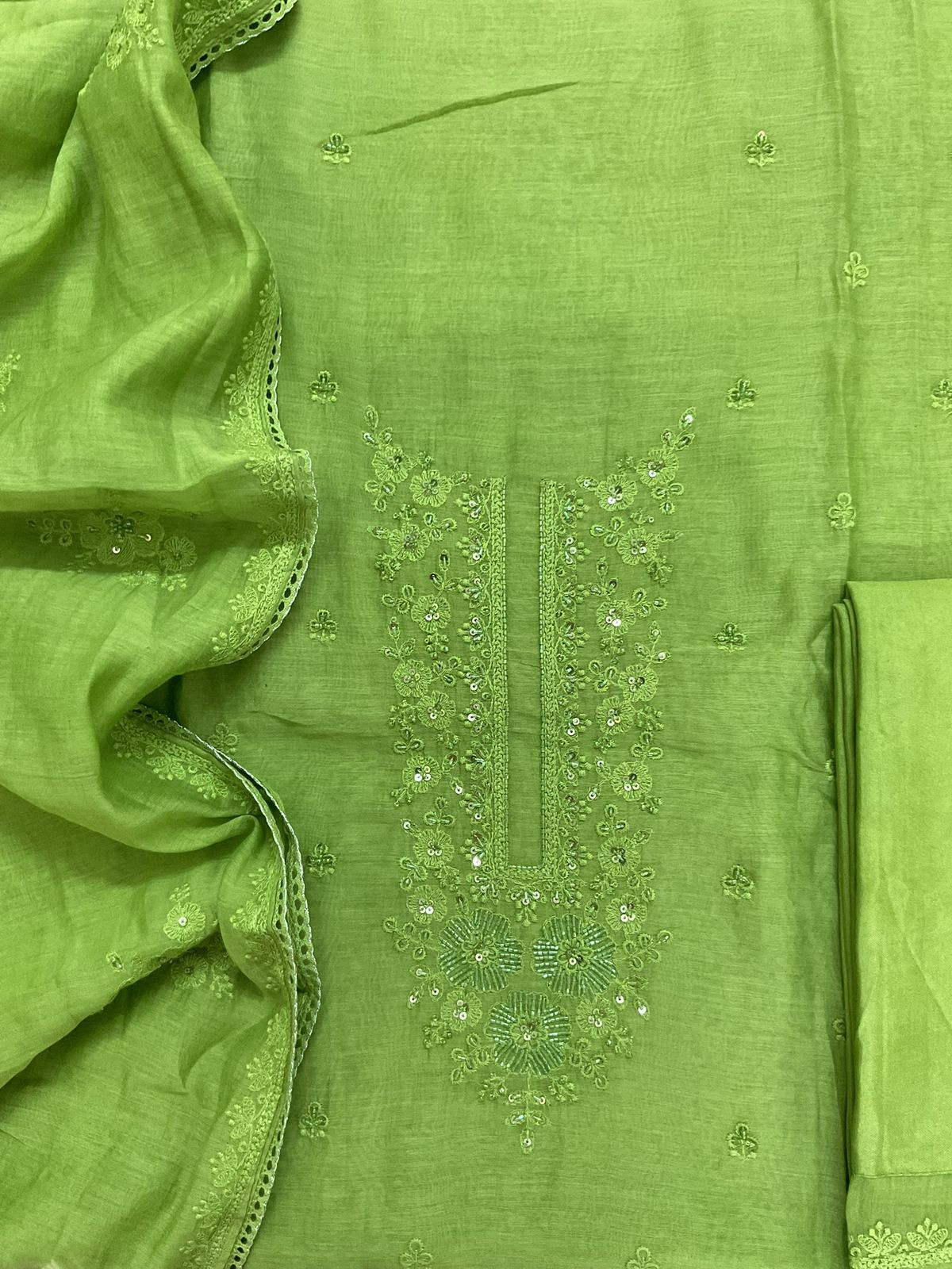 Pure Mul Chanderi Embroidered Suit - Green