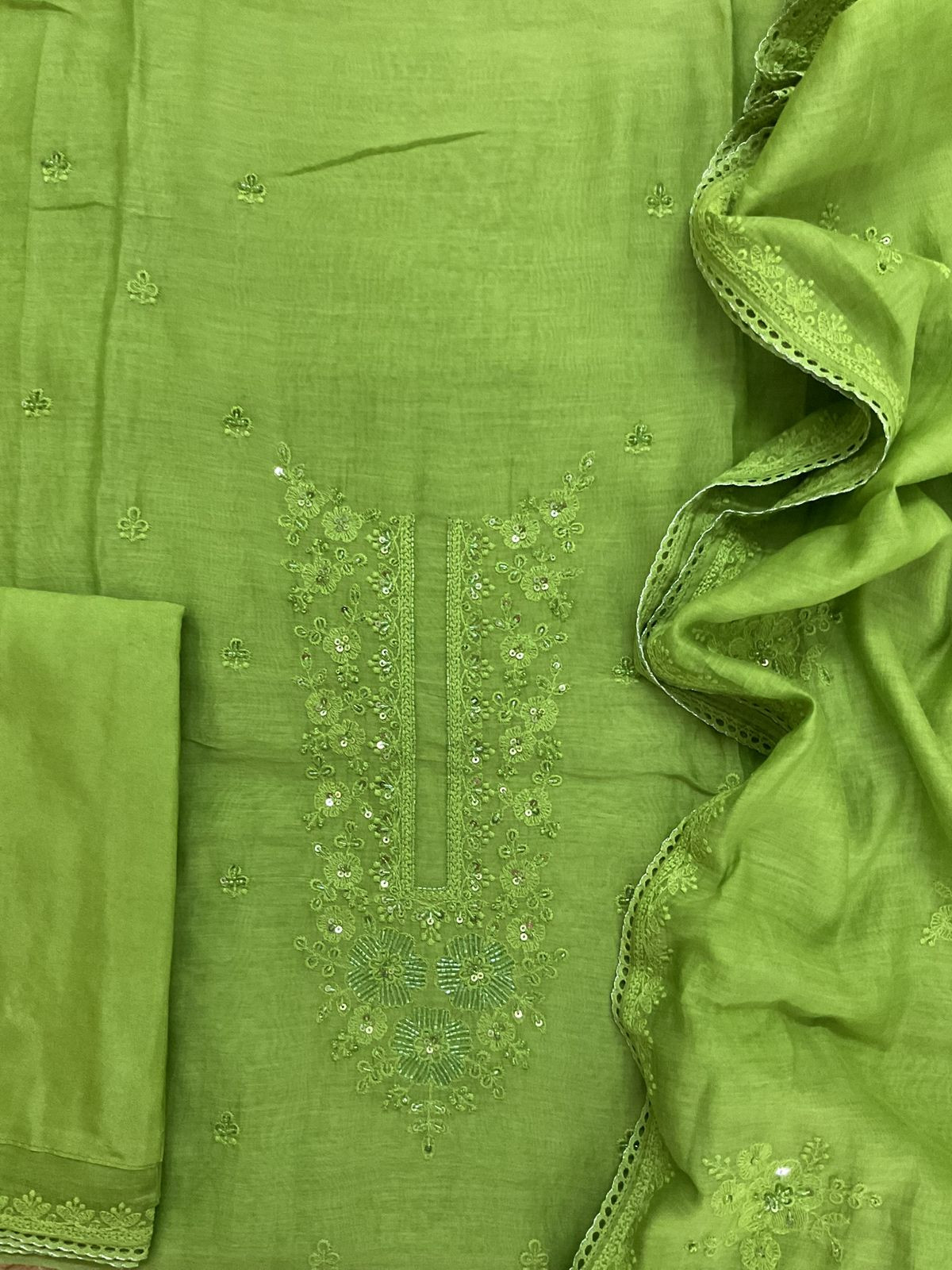 Pure Mul Chanderi Embroidered Suit - Green