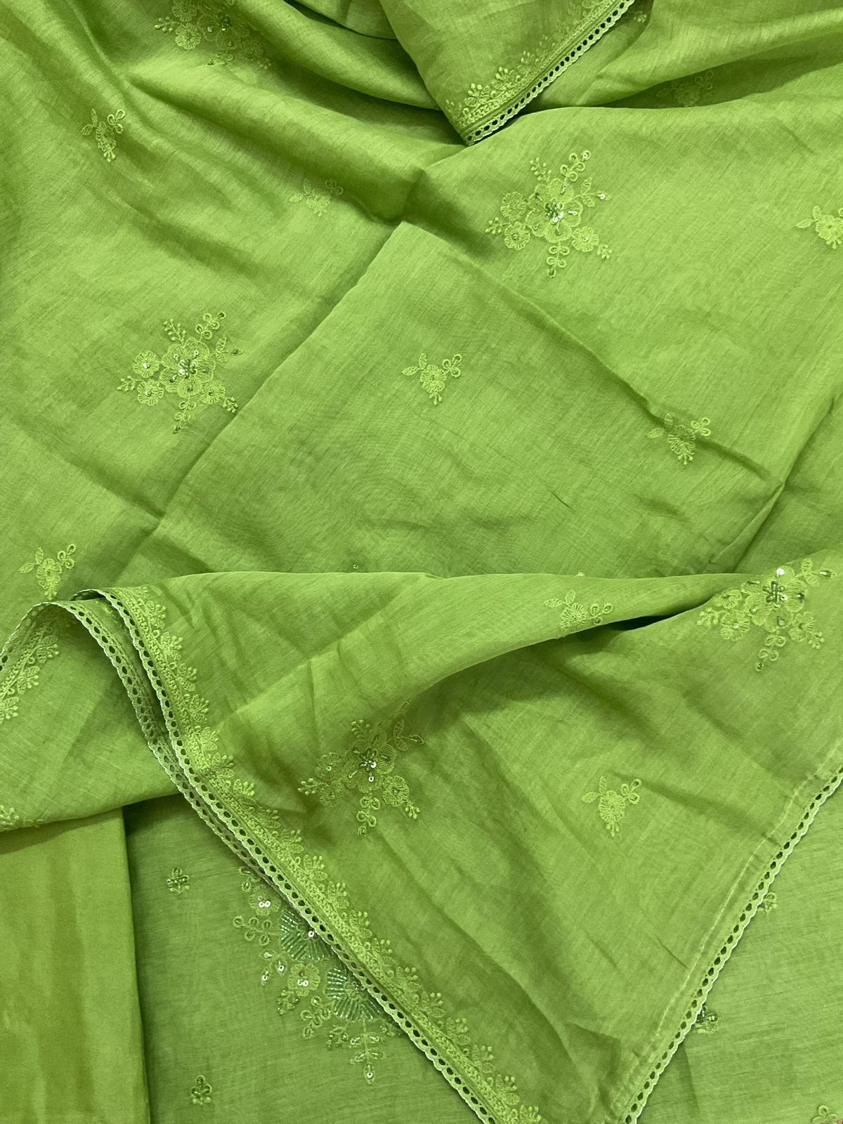 Pure Mul Chanderi Embroidered Suit - Green