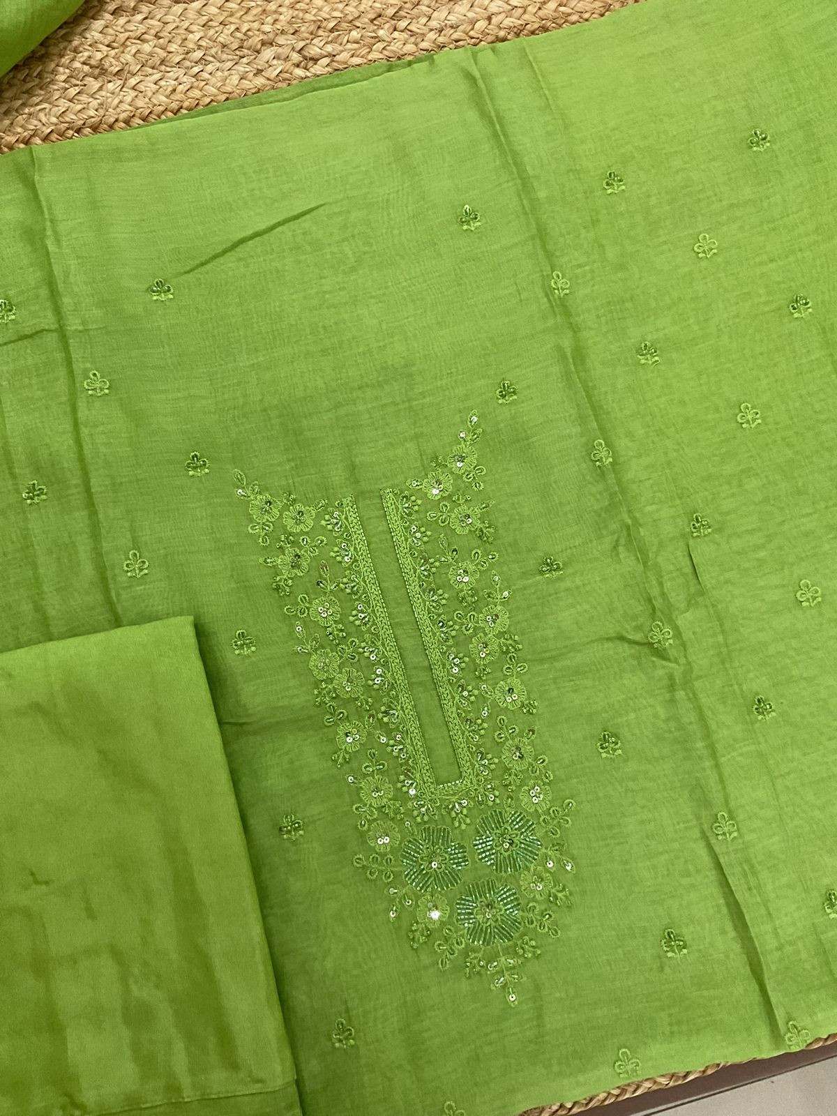 Pure Mul Chanderi Embroidered Suit - Green