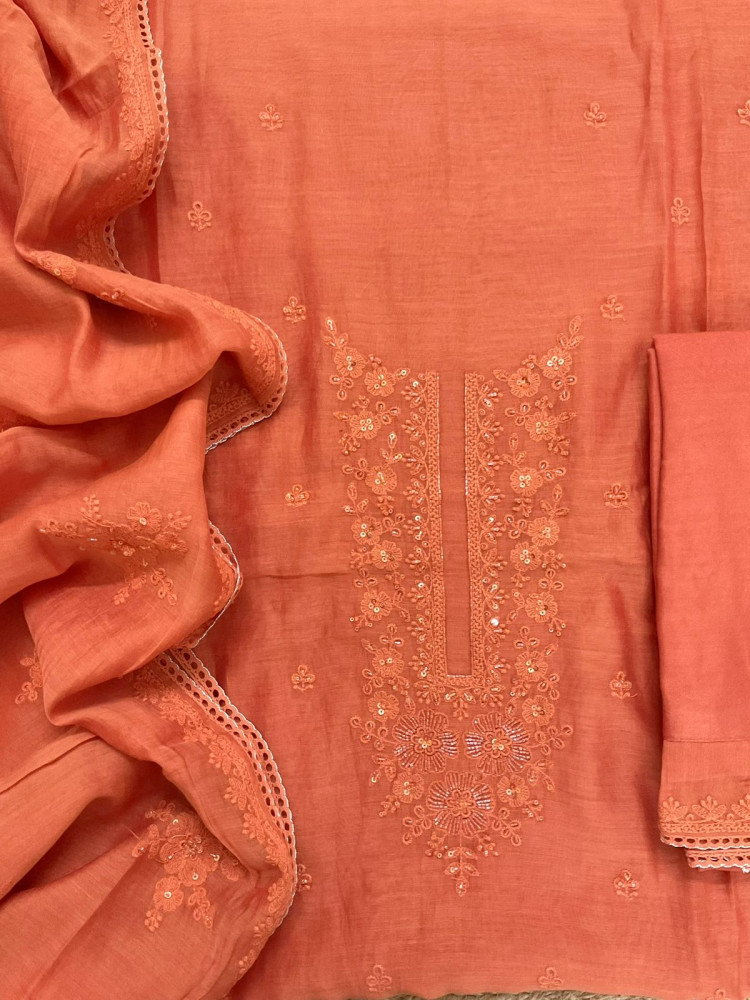 Image of Pure Mul Chanderi Embroidered Suit - Orange