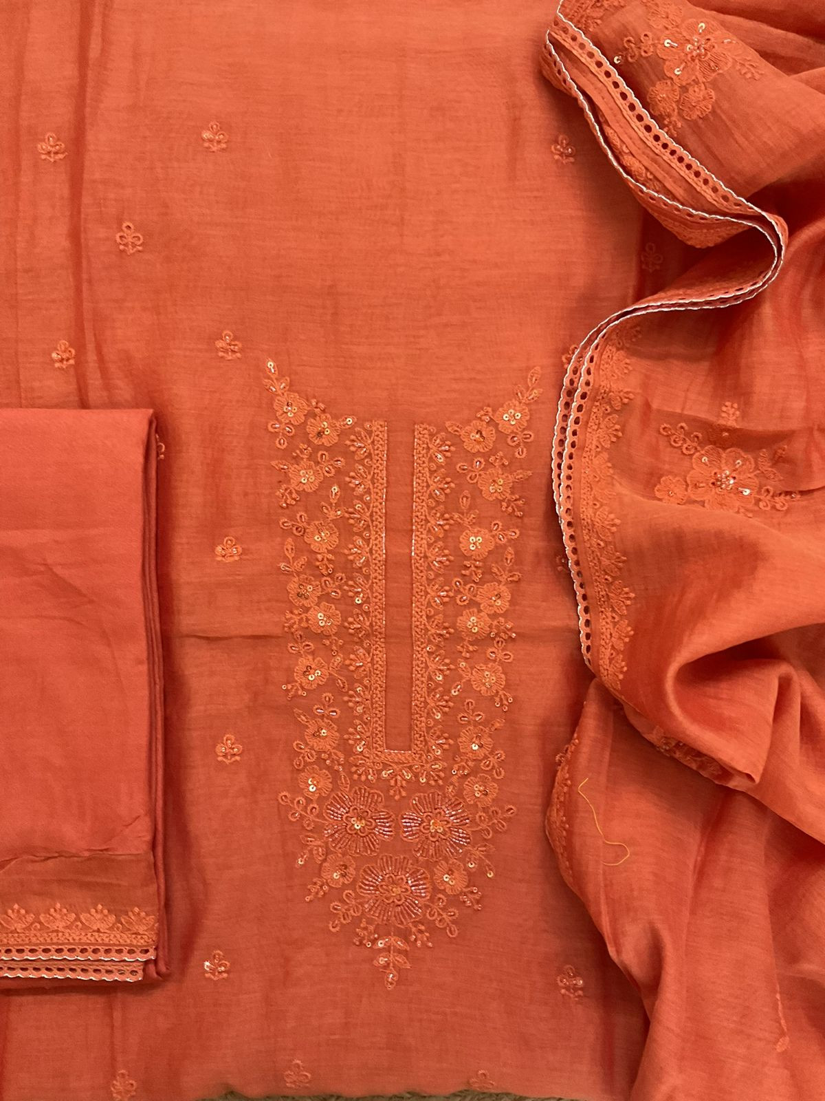 Pure Mul Chanderi Embroidered Suit - Orange