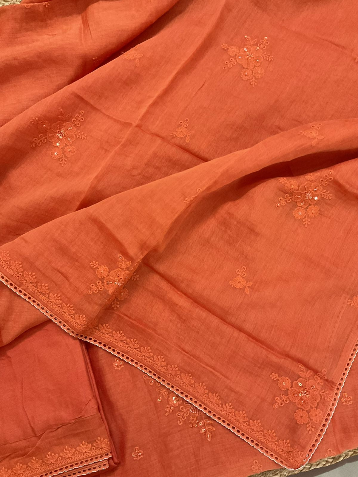 Pure Mul Chanderi Embroidered Suit - Orange