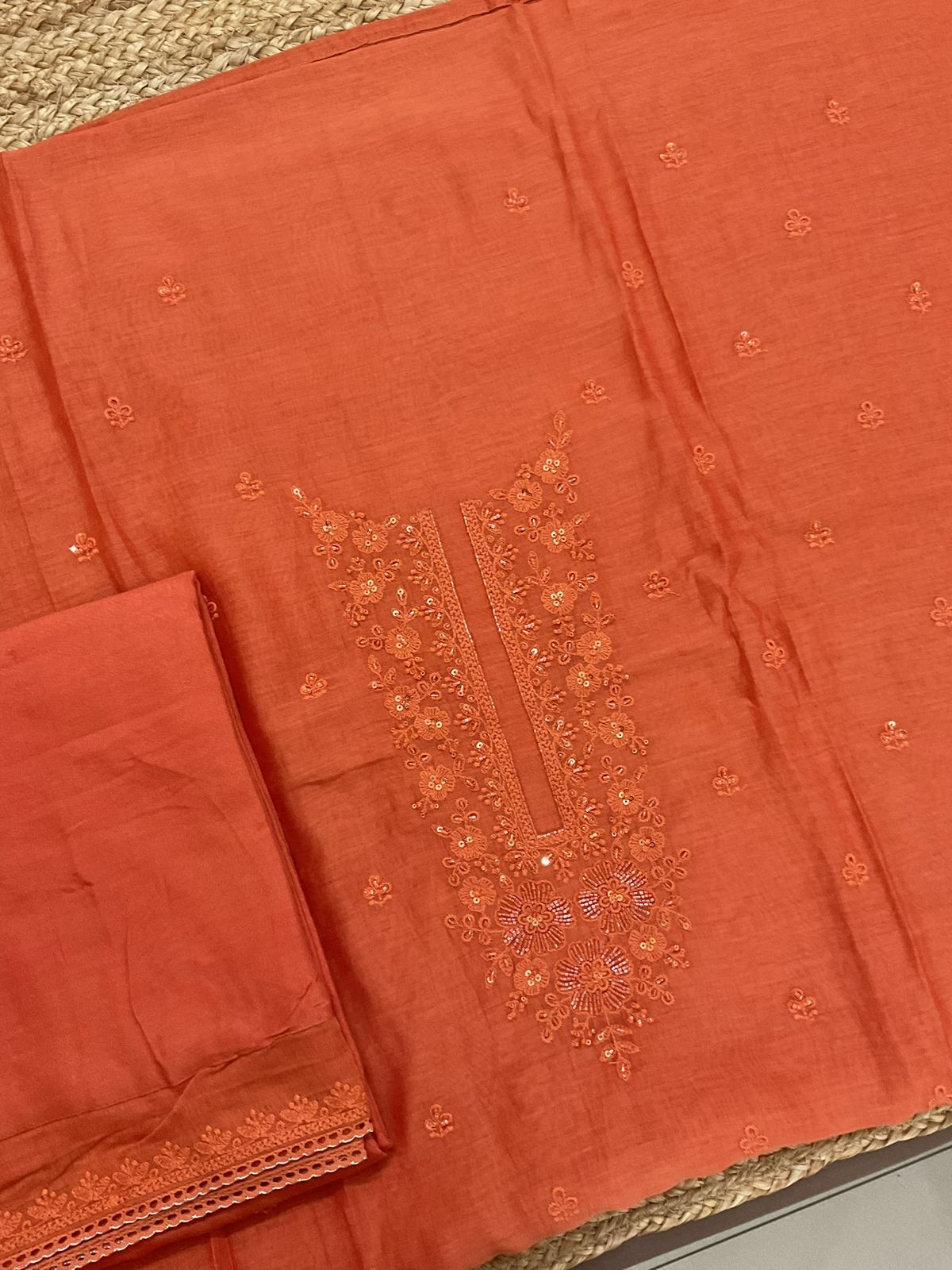 Pure Mul Chanderi Embroidered Suit - Orange