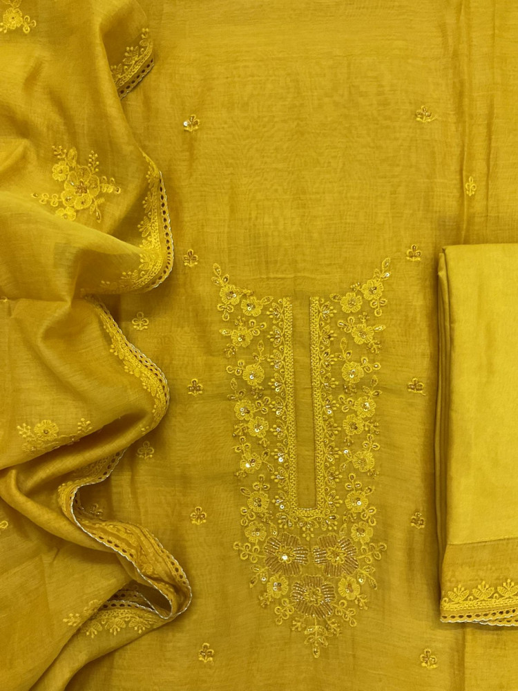 Image of Pure Mul Chanderi Embroidered Suit - Yellow