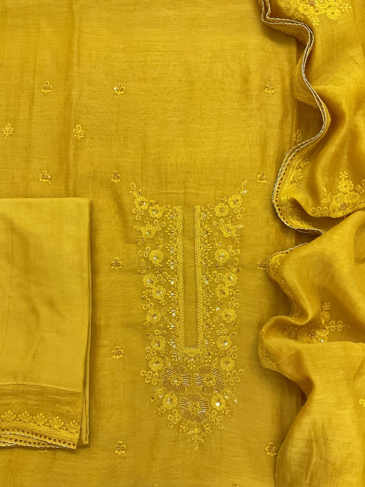 Pure Mul Chanderi Embroidered Suit - Yellow