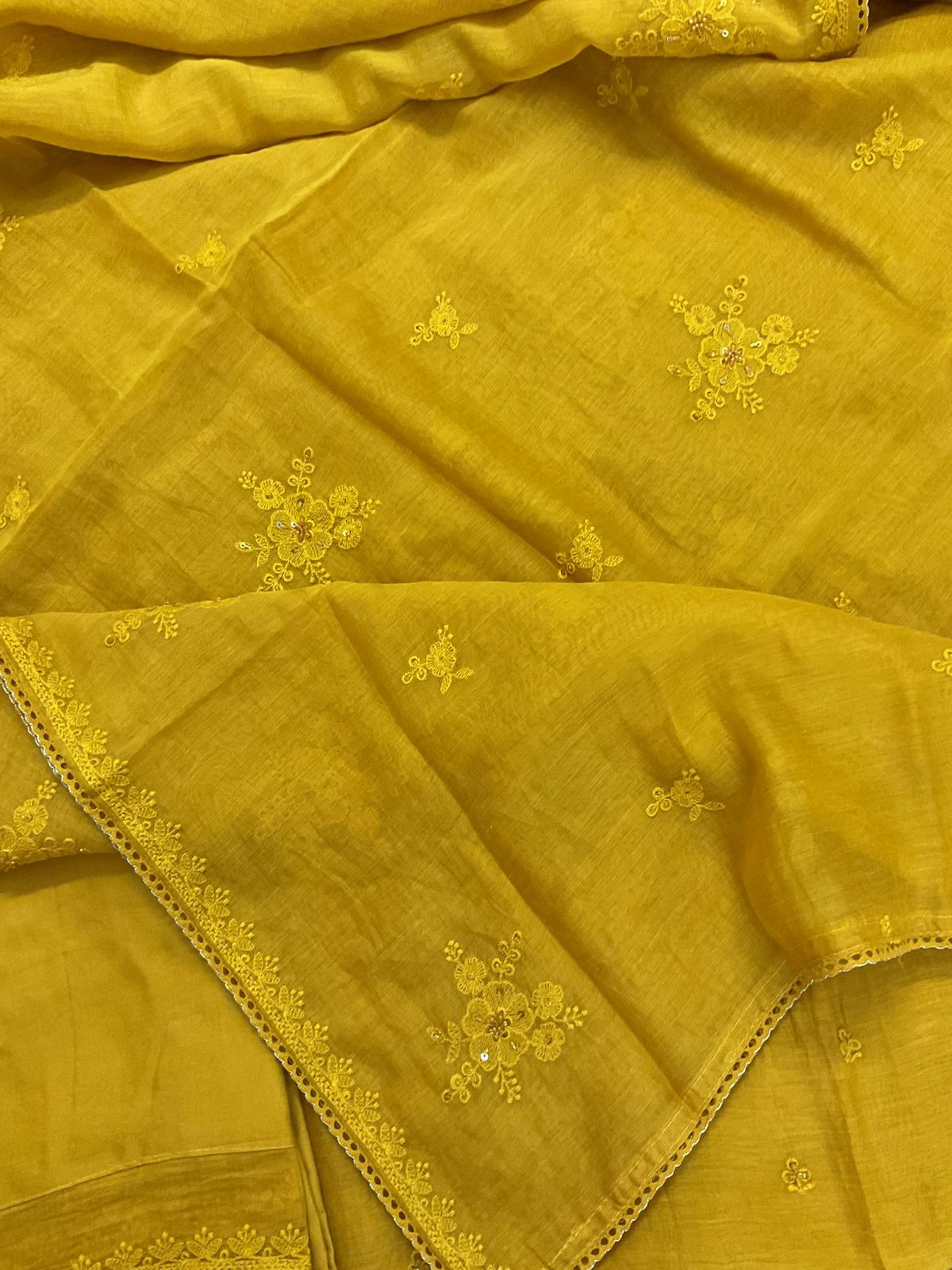Pure Mul Chanderi Embroidered Suit - Yellow