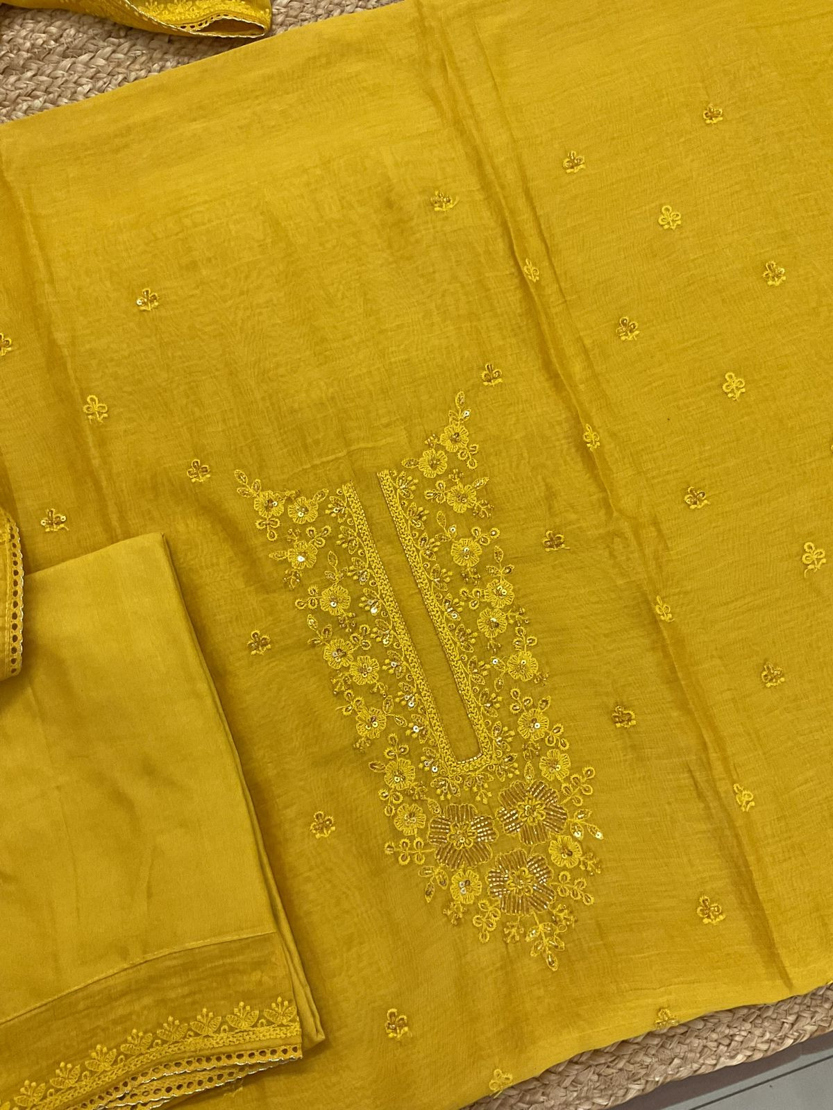 Pure Mul Chanderi Embroidered Suit - Yellow
