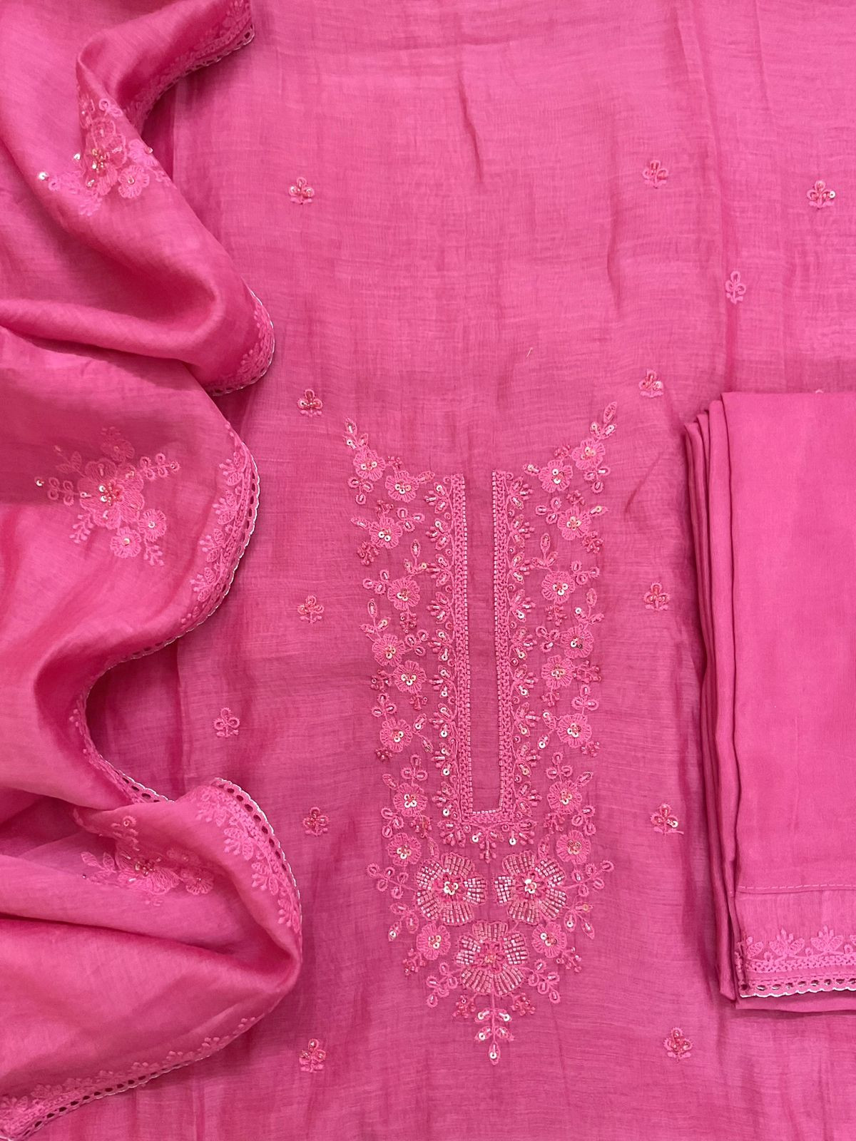 Pure Mul Chanderi Embroidered Suit - Pink