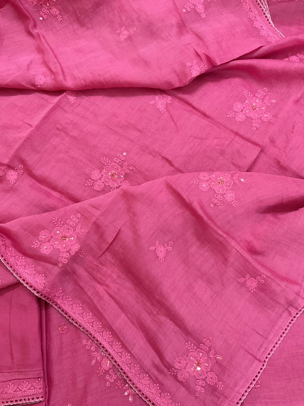 Pure Mul Chanderi Embroidered Suit - Pink