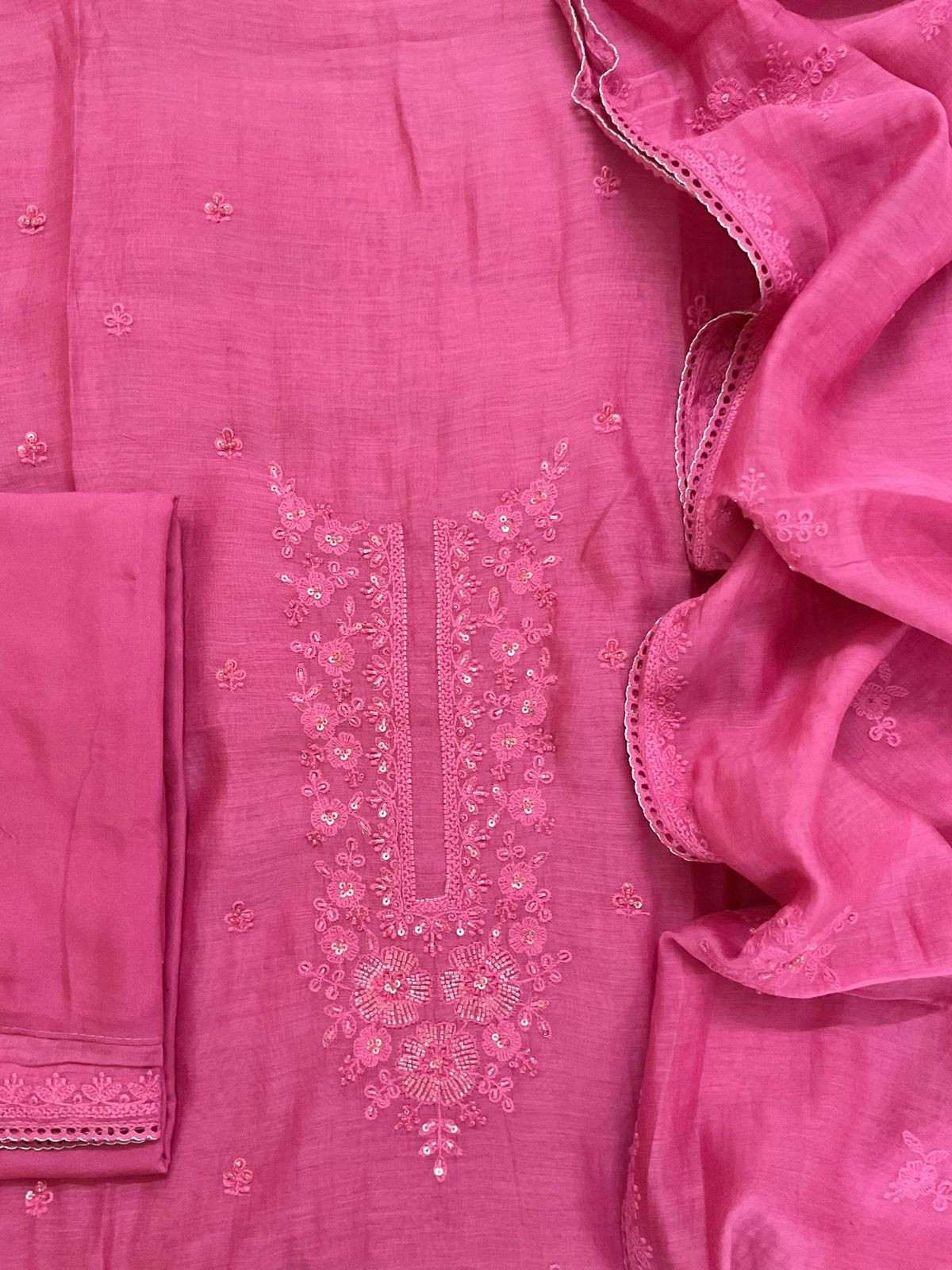 Pure Mul Chanderi Embroidered Suit - Pink